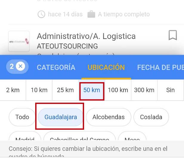 Filtrado de trabajo por ubicación